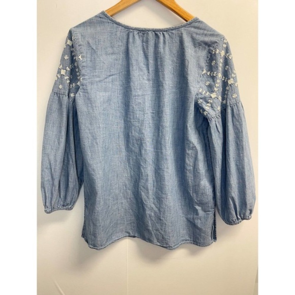 Old Navy Womens Size S Chambray Embroidered Tunic Top Balloon Sleeve Tassel Blue - Picture 7 of 8